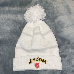 Jim Beam Whiskey Logo White Pom Pom Beanie with Gray Stripes Winter Hat